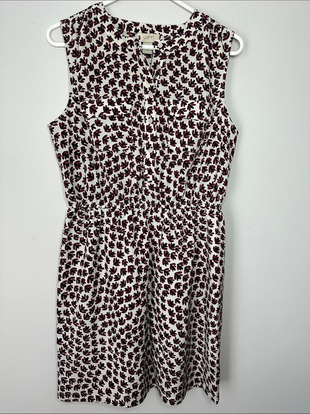 Loft Sleeveless White Dress with Burgundy Leaf Print size M
